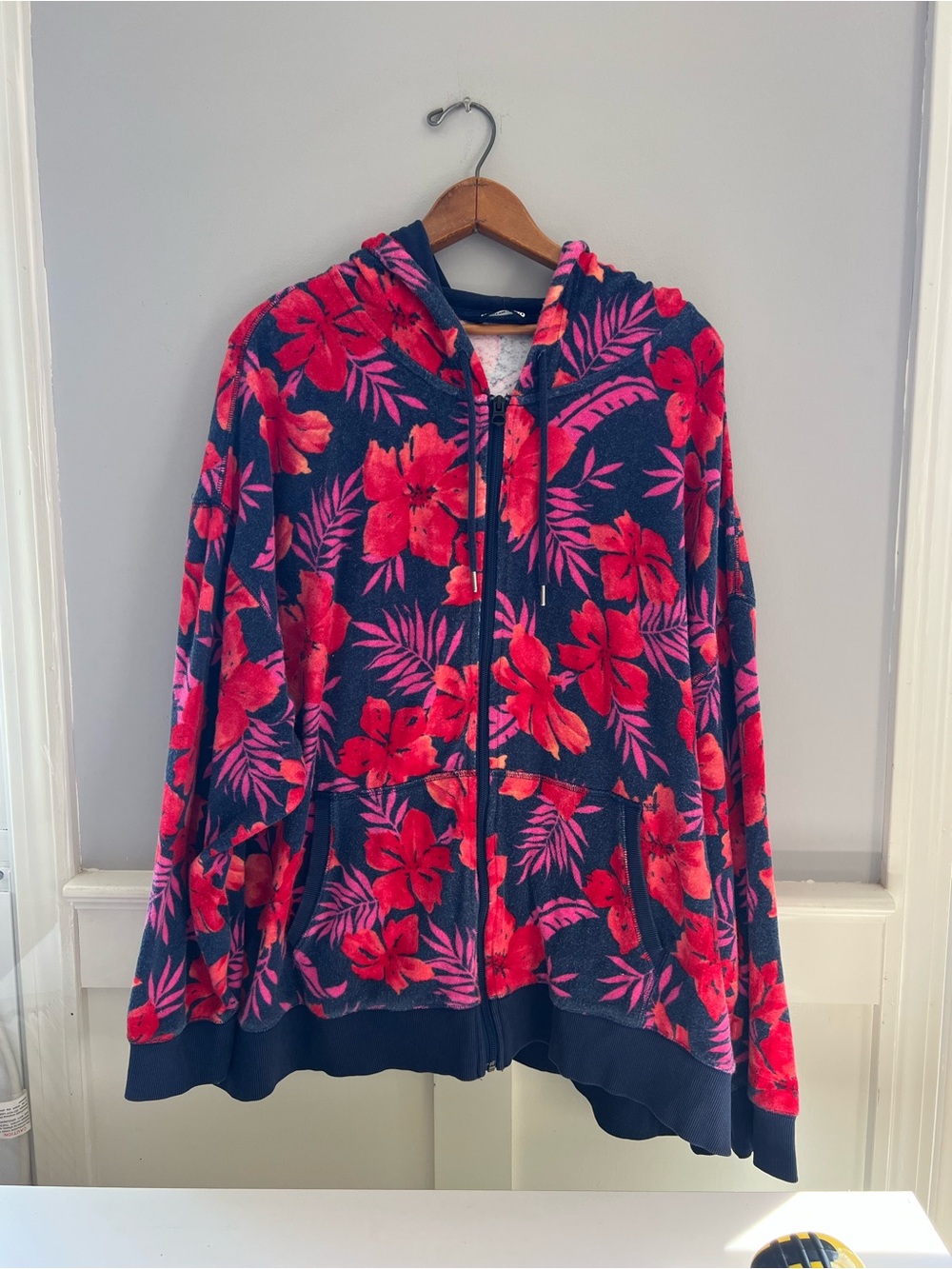 Lands’ End 3X Terry Cloth Floral Zip Hoodie Navy Pink Tropical Plus Size Cozy